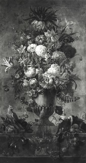 A. C. Cooper — Desportes Alexandre-François - attr. - sec. XVII/ XVIII - Natura morta con vaso di fiori, fontana e pappagalli — insieme
